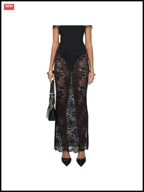 Sheer Lace Maxi Skirt Y2K Floral Mesh A-Line Flowy Long Skirt